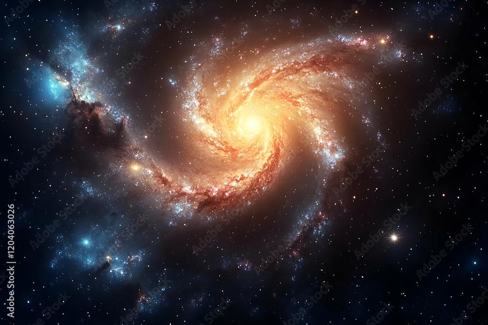 Obraz premium A vibrant spiral galaxy swirls in the vast expanse of the cosmos, its colorful arms filled with countless stars and nebulae, a breathtaking celestial