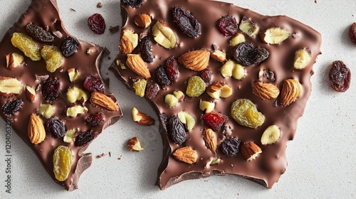 Gourmet chocolate bark with nuts and dried fruit.  A sweet treat for holidays. Food photography.