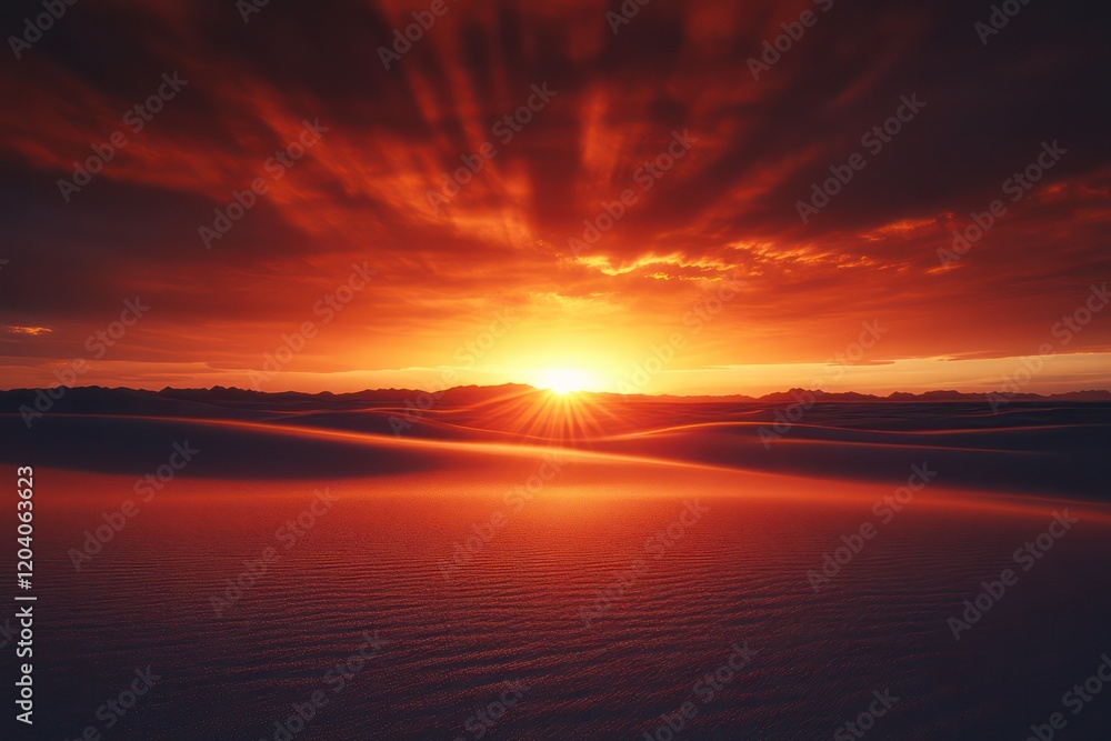 Fototapeta premium A dramatic sunset casting long shadows over a desolate desert landscape.