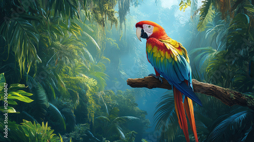 Wallpaper Mural Vibrant macaw perched on branch, surrounded by lush tropical foliage, showcasing its colorful feathers in serene jungle setting Torontodigital.ca
