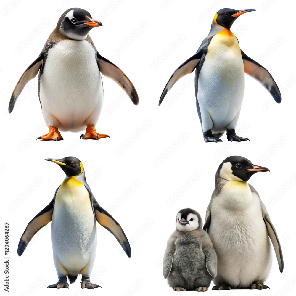 Fototapeta premium Cute penguin family including adults and chicks, perfect for wildlife or Arctic-themed designs