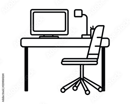 Office desk with a computer and chair icon, vector, outline, silhouette, illustration, isolated on white background