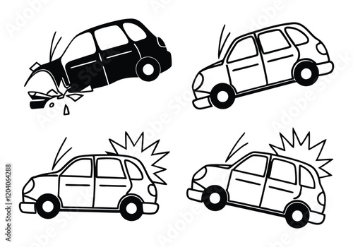 Minimalist Crashed Cars Icons Set | Hand-Drawn Accident Line Art Vector