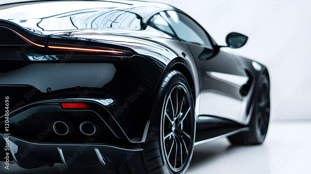 Rear view of a black sports car showcasing sleek aerodynamics, polished dual exhaust, and intricate detailing of wheels. A modern luxury vehicle on a white background. Rear view of a black sports car showcasing sleek aerodynamics, polished dual exhaust, and intricate detailing of wheels. A modern luxury vehicle on a white background.