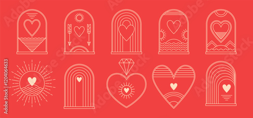 Abstract design Valentines day logo template with heart shapes. Modern minimal linear badge and emblem set for social media and greeting cards.