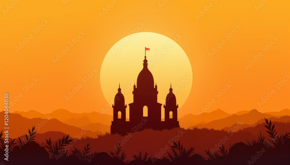 Fototapeta premium Silhouette of Indian temple against orange sunset background