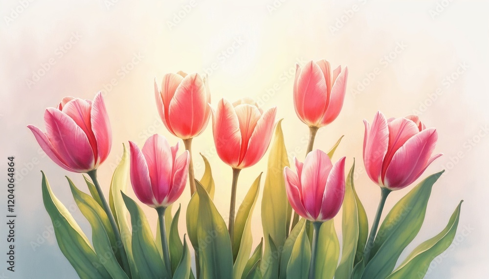 Fototapeta premium Beautiful pink tulips in a serene mood glowing in soft sunlight