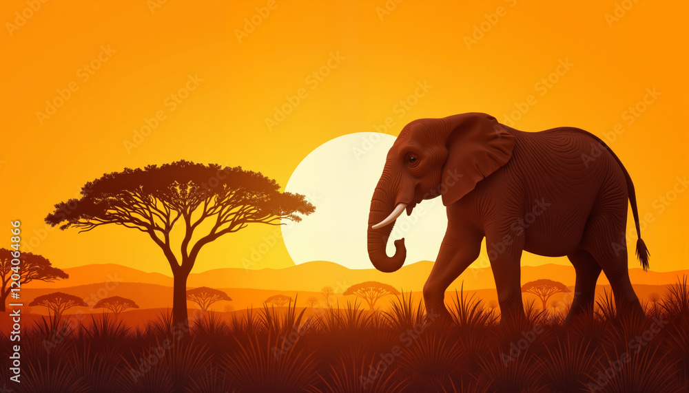 Fototapeta premium Elephant walking at sunset in savanna landscape
