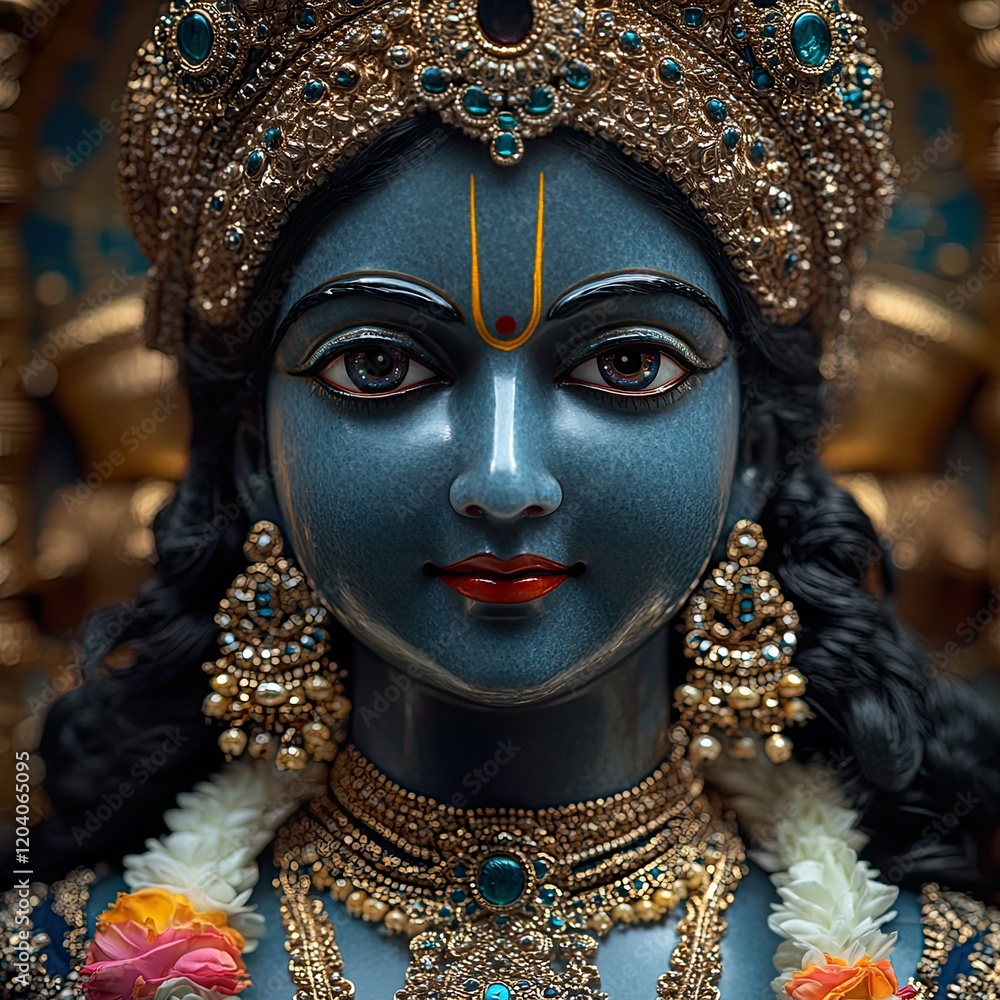 Majestic Krishna Idol Adorned with Gold During Vibrant Temple Festival Majestic Krishna Idol Adorned with Gold During Vibrant Temple Festival
