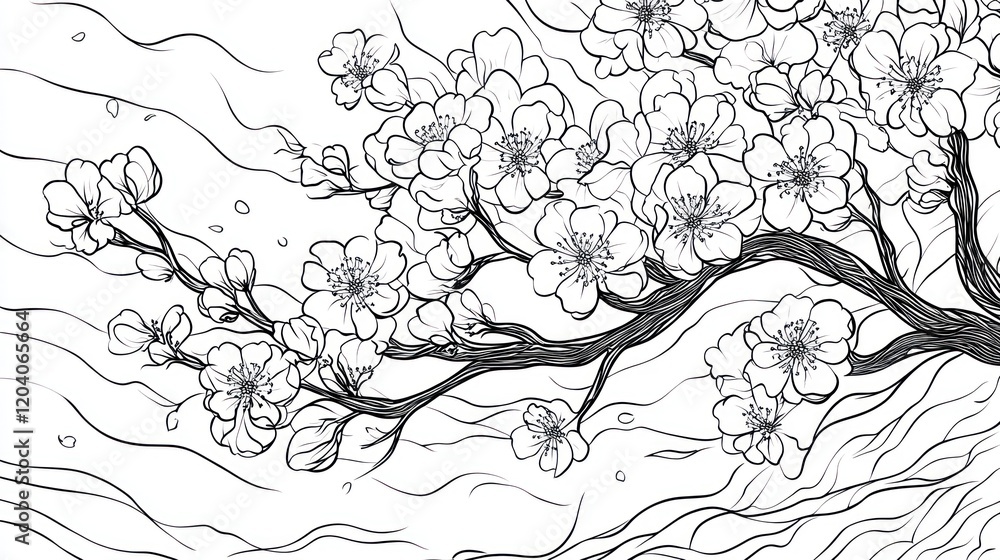 Fototapeta premium Elegant Black and White Cherry Blossom Line Art with Flowing Water Background