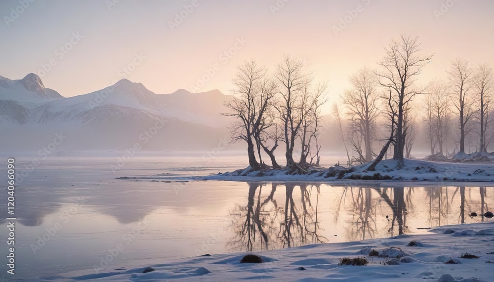 Snowy landscape with bare trees and low-hanging fog on a frozen lake at sunrise in southern Spitsbergen , arctic, snow, aurora borealis Snowy landscape with bare trees and low-hanging fog on a frozen lake at sunrise in southern Spitsbergen , arctic, snow, aurora borealis