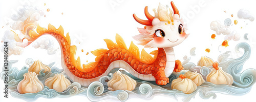 Cute cartoon dragon with dumplings in water, featuring vibrant colors and playful expression. Ideal for children illustrations or fantasy themes photo