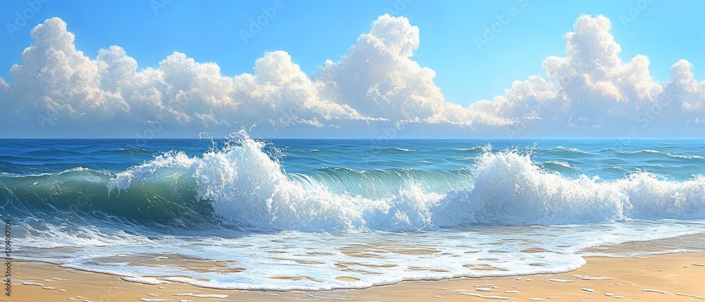 Ocean waves crashing on sandy beach, sunny sky Ocean waves crashing on sandy beach, sunny sky