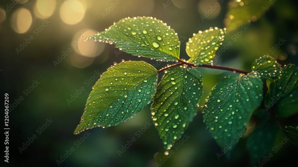 A lush green leaf with a detailed texture, with sparkling dew A lush green leaf with a detailed texture, with sparkling dew