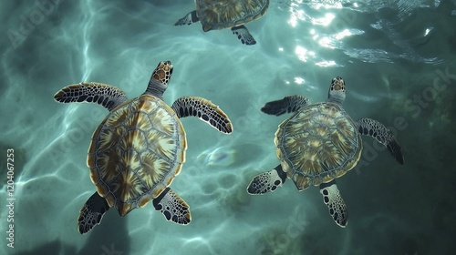 Sea turtles swimming gracefully in clear blue water photo