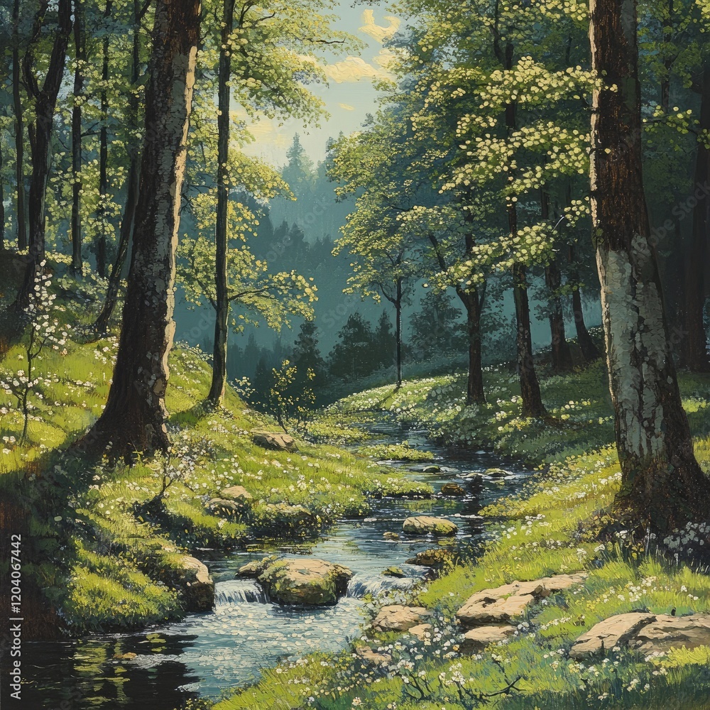Serene Mountain Stream Flowing Through a Lush Spring Forest Serene Mountain Stream Flowing Through a Lush Spring Forest
