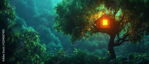 Enchanted treehouse glowing in twilight forest.