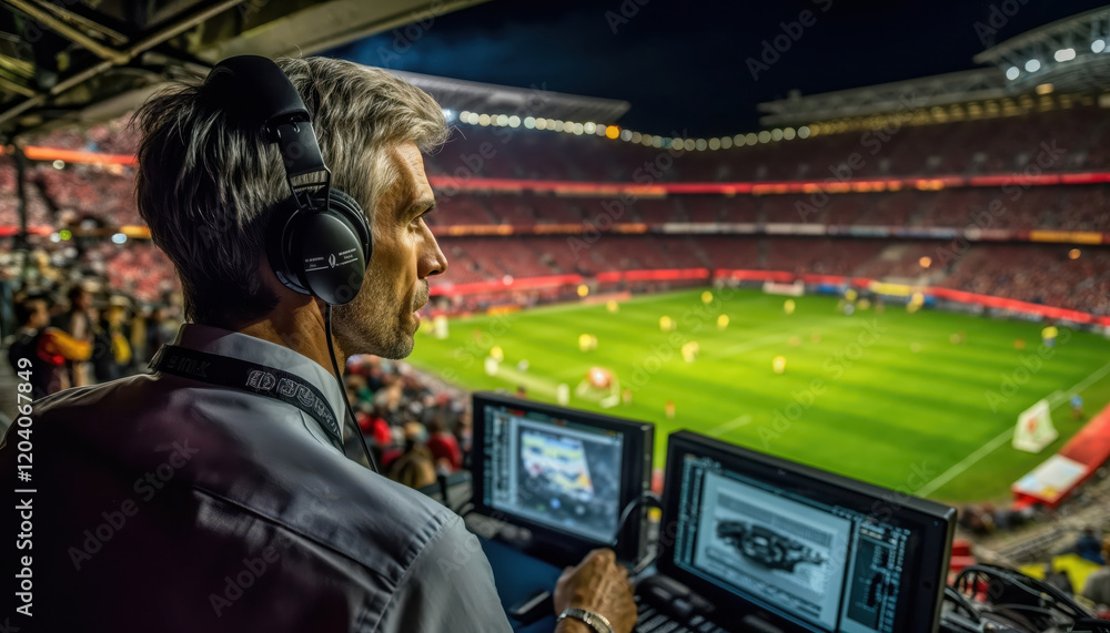 Obraz premium Commentator watching football game from press box in stadium