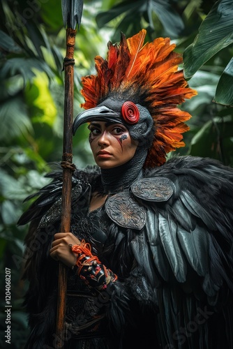 Woman in elaborate bird costume holding spear in a lush jungle setting. photo