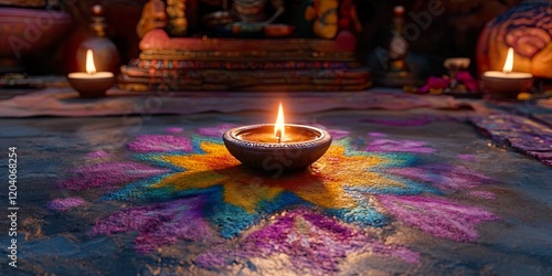 Colorful Rangoli and Clay Lamps Festive Indian Design photo