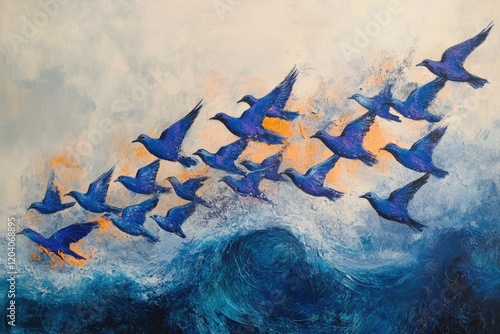 A flock of vibrant blue birds soars above a turbulent, dark blue ocean. photo