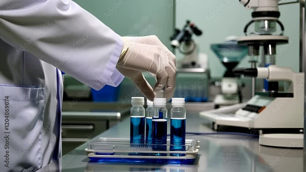 Modern medical research lab: Close up of chemist or scientist wearing gloves putting test tubes with blue liquid in rack for analysis. Advanced pharmacological laboratory. Vertical shot Modern medical research lab: Close up of chemist or scientist wearing gloves putting test tubes with blue liquid in rack for analysis. Advanced pharmacological laboratory. Vertical shot