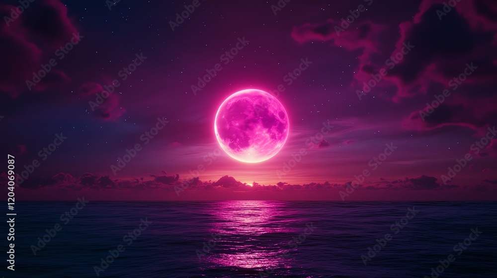 Vivid pink moon over tranquil ocean waters. Vivid pink moon over tranquil ocean waters.