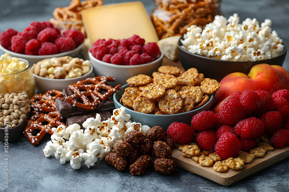 A vibrant assortment of sweet and salty snacks including popcorn, pretzels, raspberries, cheese, and chocolate arranged on a dark surface A vibrant assortment of sweet and salty snacks including popcorn, pretzels, raspberries, cheese, and chocolate arranged on a dark surface