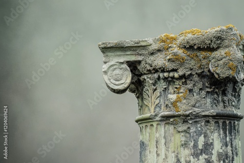 Weathered stone column capital, adorned with lichen, shows age and decay. photo