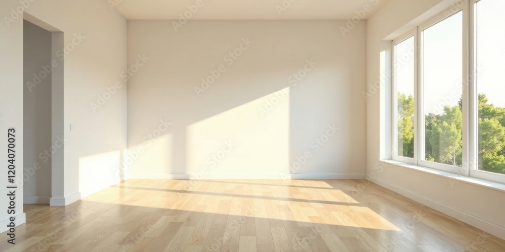 Fototapeta premium Bright Sunlight Illuminates an Empty Room with Light Hardwood Floors and a Doorway