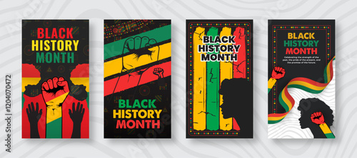 Black History Month celebration social media post banner and Instagram story set. African American heritage web banner, and poster. Juneteenth Independence Day with hand fists geometric pattern