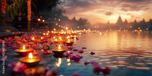 Spiritual Serenity Holy Ganga River Illuminated with Diyas and Flowers