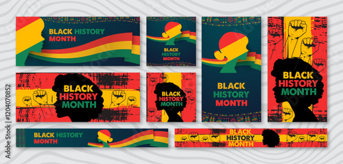 Black history month celebration Instagram story and web banner set. February awareness social media post banner, Large website banner and poster set. African american heritage and cultural patterns.