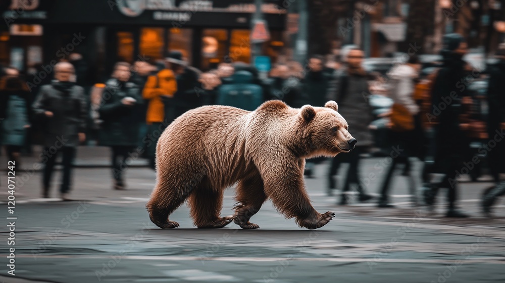 Obraz premium A bear walks through the city in a crowd of busy people.