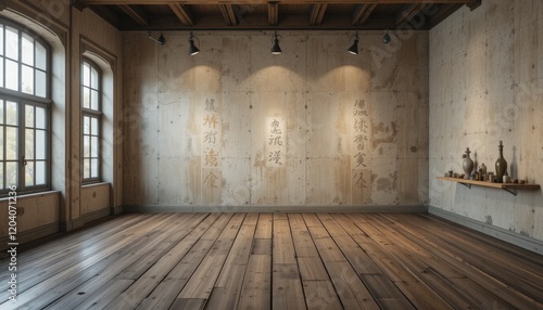 A cozy interior features smooth wooden flooring and concrete walls adorned with intriguing artwork  creating an inviting atmosphere perfect for creativity and reflection
