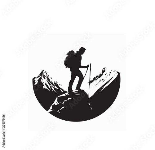 Silhouette of man hiker with backpack on the top of a mountain logo vector image isolated on white background.
