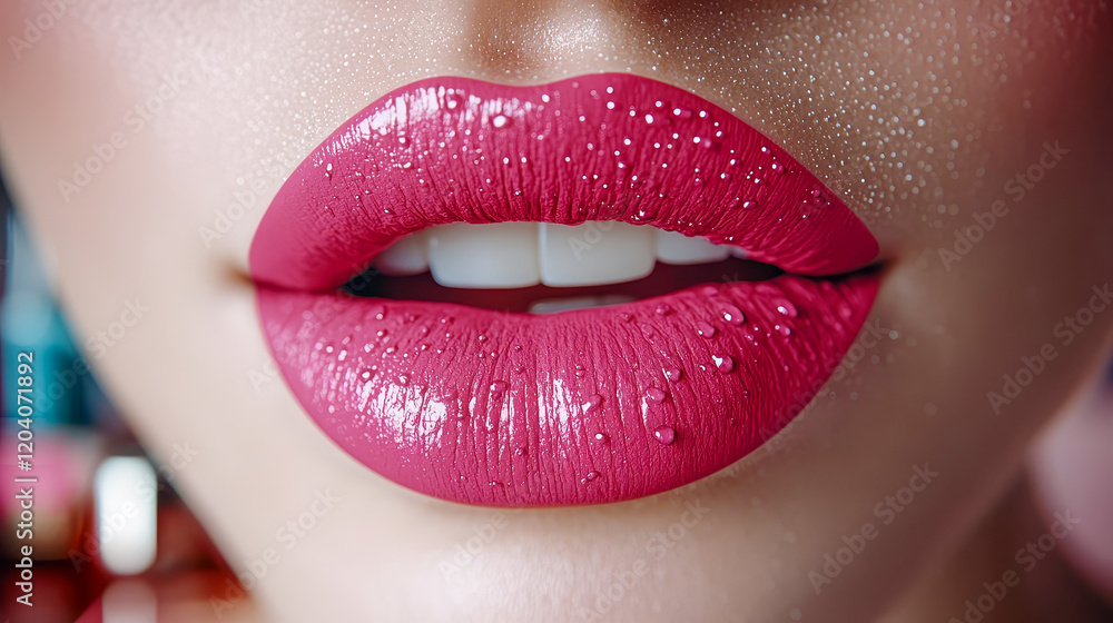 Obraz premium The lips of a woman wearing bright pink lipstick