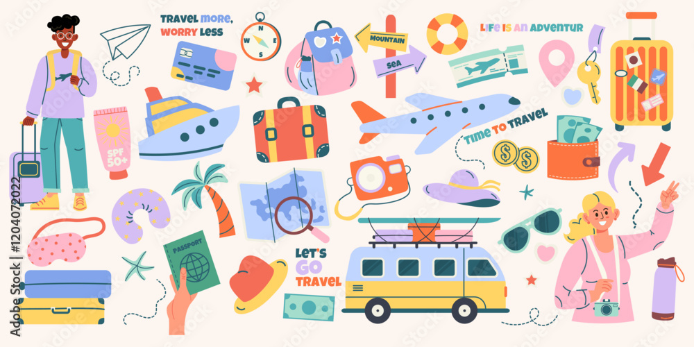 Set of travel elements hand drawn with lettering