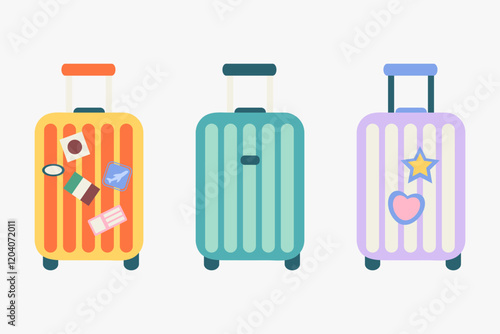 Set of trolley suitcases travel hand drawn. Travel bag