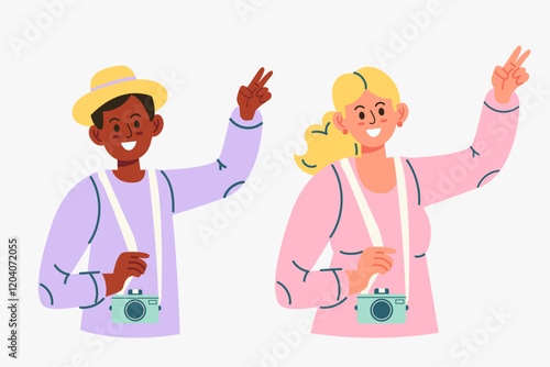 Woman and african american man traveling with camera hand drawn