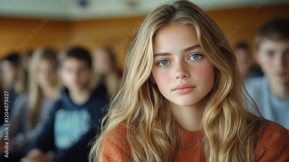 custom made wallpaper toronto digitalYoung girl with long hair in a classroom setting, focused on the lesson while peers are engaged