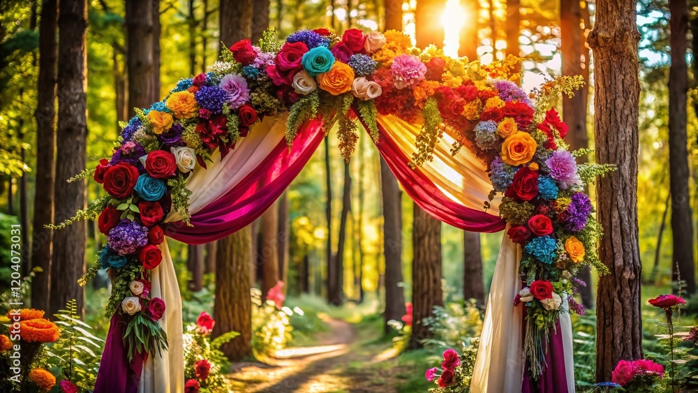 Fototapeta premium Vibrant Bohemian Wedding Arch in Serene Forest: Colorful Flowers & Textiles