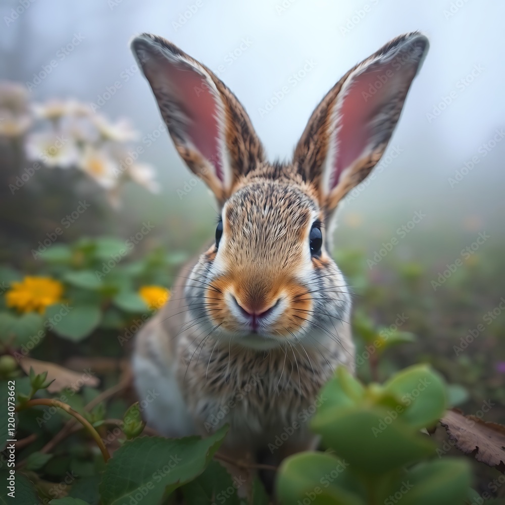 Fototapeta premium Cute rabbit in foggy meadow.