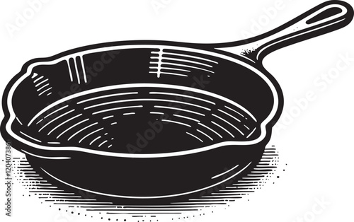  Vector Illustration of a Cast Iron Skillet - Outline Style