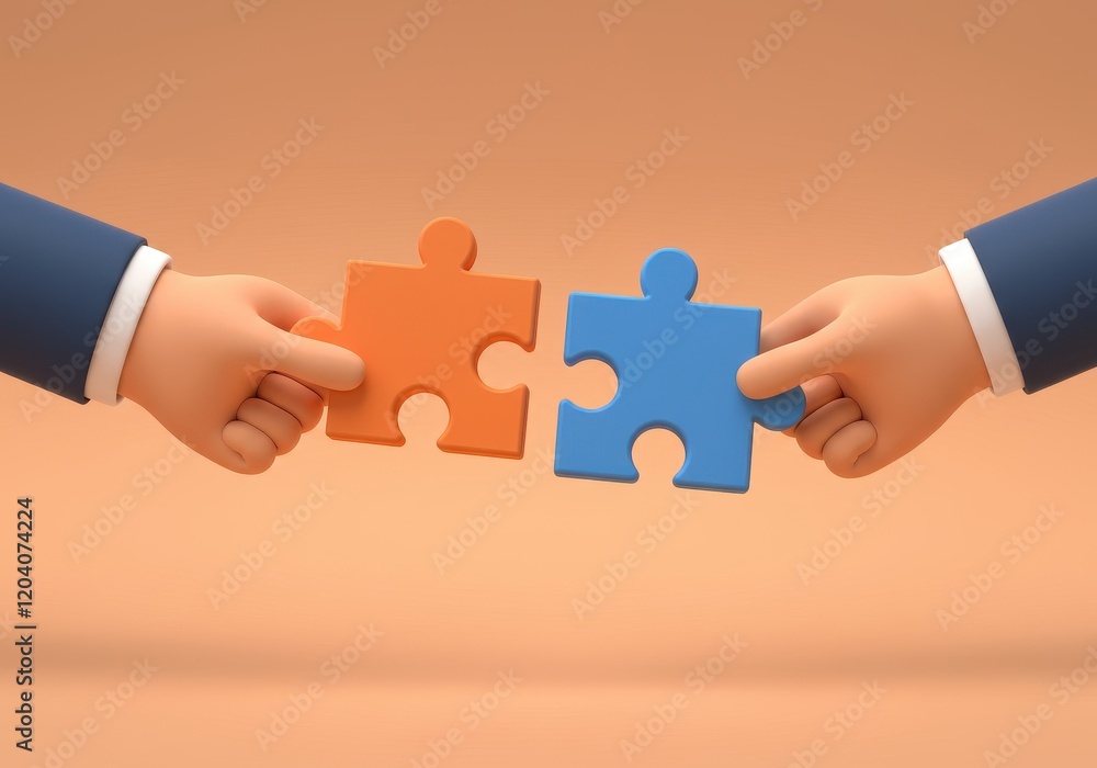 A 3D illustration of two hands one holding an orange puzzle piece and the other holding a blue puzzle piece A 3D illustration of two hands one holding an orange puzzle piece and the other holding a blue puzzle piece