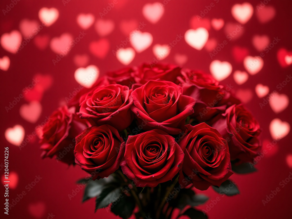 Bouquet of red roses with heart-shaped bokeh on red background. Bouquet of red roses with heart-shaped bokeh on red background.