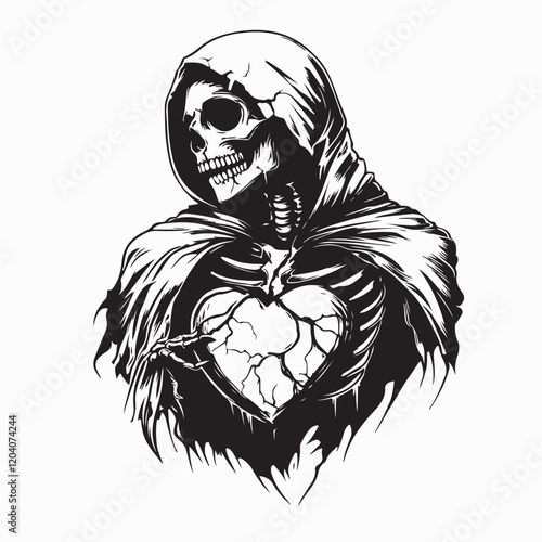 Skeleton cloaked in darkness, heart broken, symbolizing deep sorrow and emotional struggle vector image.