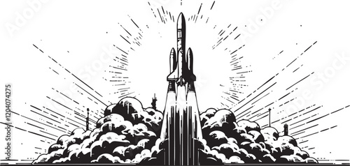  Vector Illustration of a Rocket Launching into Space - Outline Art