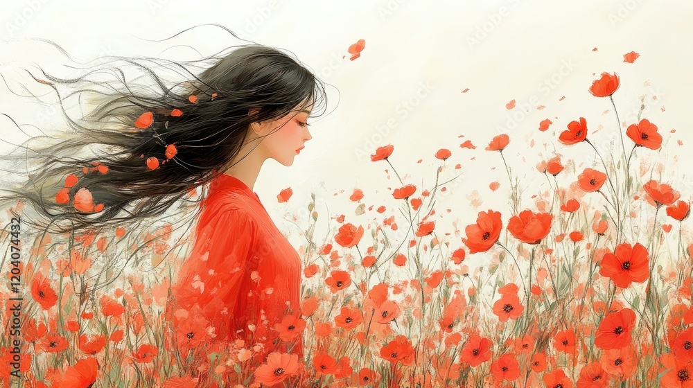 Naklejka premium Young woman in a flowing red dress standing amidst a vibrant field of red poppies on a serene day