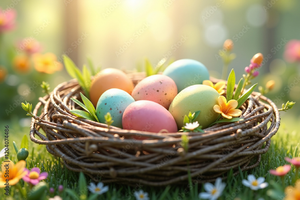 A nest of colorful Easter eggs in nature among flowers and green grass A nest of colorful Easter eggs in nature among flowers and green grass